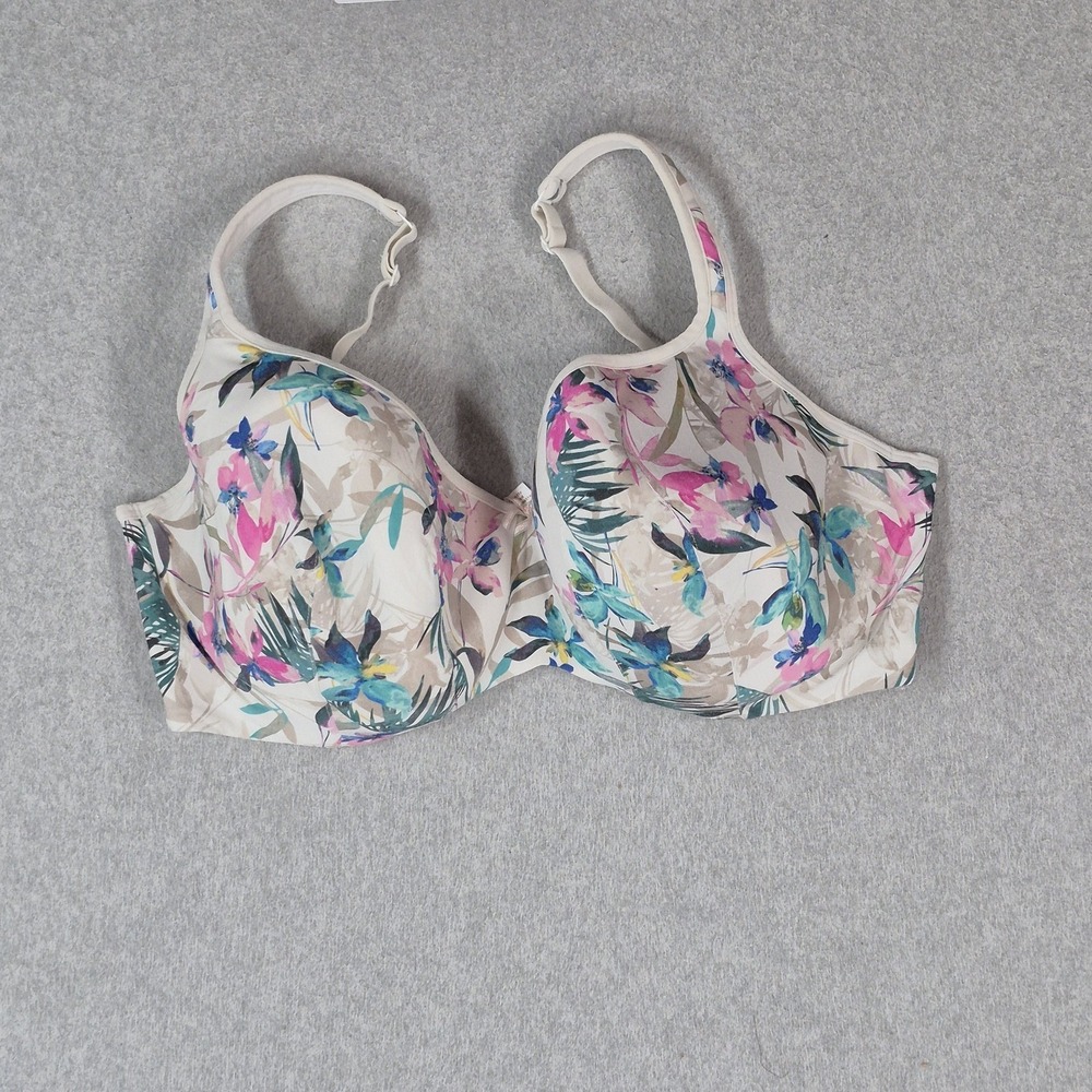 Cacique Women Bra 42F White Floral Tropical Lightly Lined Balconette Underwire